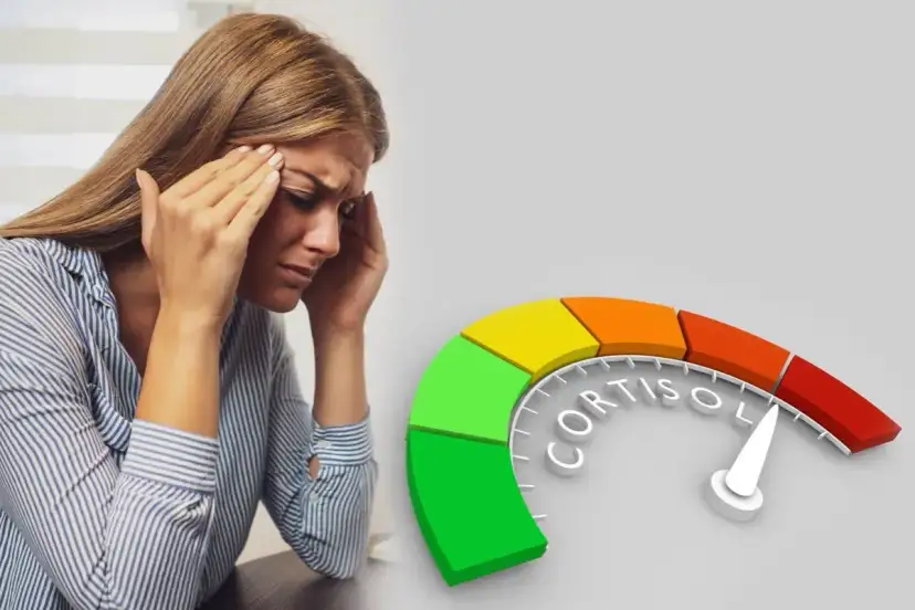 Kobieta z bólem głowy, wskaźnik poziomu kortyzolu pokazuje wysoki wynik. Dowiedz się, jak zbadać kortyzol.