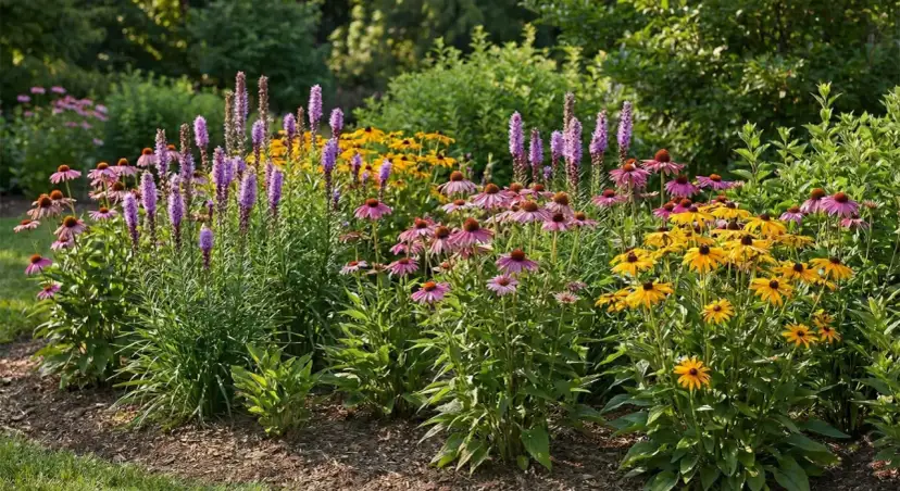 Kwitnące rabaty pełne różowych jeżówek, fioletowych liatris i żółtych rudbekii – to ciekawe kwiaty do ogrodu, które przyciągają wzrok.