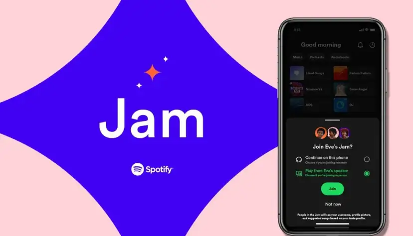 Telefon z aplikacją Spotify, na którym widać opcję dołączenia do "Jam" znajomych.