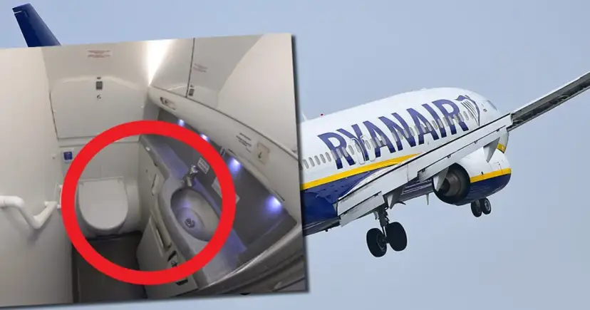 Pierwszy lot samolotem Ryanair. Wnętrze toalety i samolot w locie.