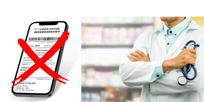 Telefon z e-receptą i przekreśleniem, obok lekarz w kitlu ze stetoskopem.