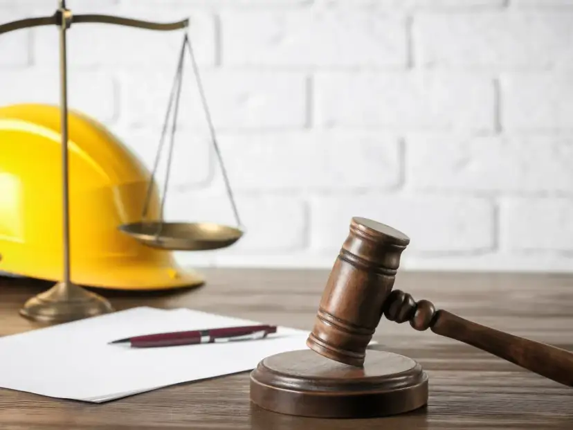 Młotek sędziowski, waga, żółty kask budowlany i dokumenty na drewnianym stole.