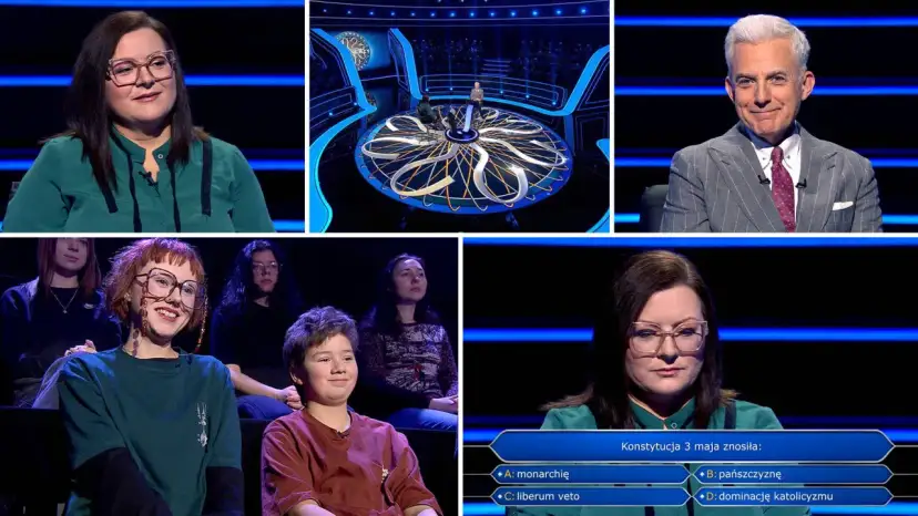 Uczestnicy programu "Milionerzy o której godzinie" odpowiadają na pytania. Widać prowadzącego, uczestników i planszę z pytaniem.