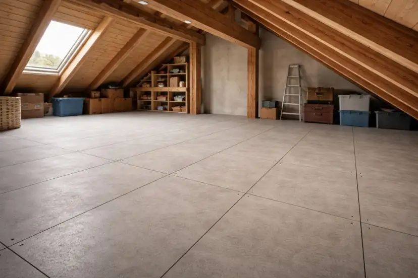 Pusta przestrzeń na podłodze na strychu, z drewnianymi belkami, oknem dachowym i schowkami pełnymi pudeł. Idealne miejsce na przechowywanie.