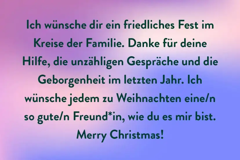 Weihnachtsgrüße mit Gedichttext auf farbigem Hintergrund.