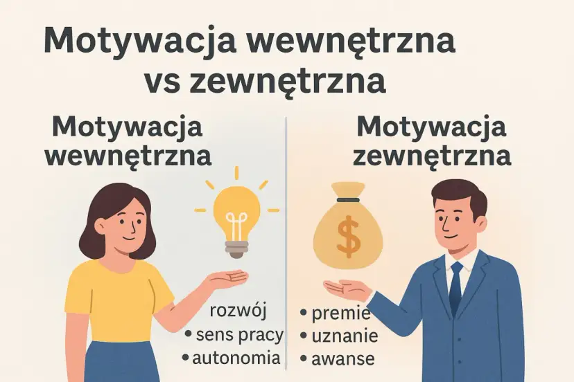 Ilustracja porównuje motywację wewnętrzną (kobieta, żarówka, rozwój, sens pracy, autonomia) z zewnętrzną (mężczyzna, worek pieniędzy, premie, uznanie, awanse). Przykłady jak motywować pracowników.