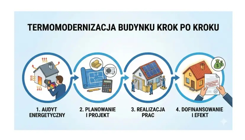 Proces termomodernizacji budynku krok po kroku: audyt, planowanie, realizacja prac, dofinansowanie i efekt.