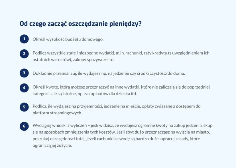 Jak nauczyć się oszczędzać? Lista kroków: budżet, stałe wydatki, analiza bieżących kosztów, inne wydatki, przyjemności, wnioski i optymalizacja.
