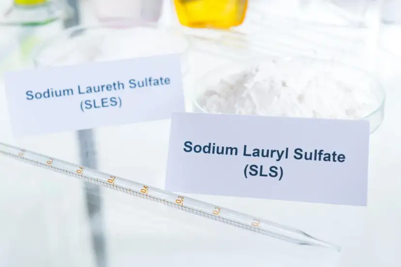 Białe proszki w naczyniach laboratoryjnych, jeden z etykietą "Sodium Laureth Sulfate (SLES)", drugi "Sodium Lauryl Sulfate (SLS)". To właśnie sls co to za substancja?