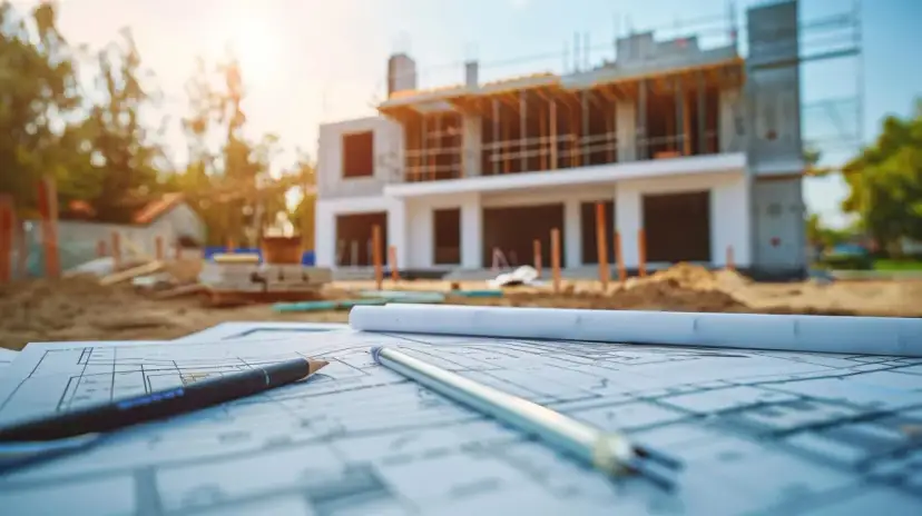 Plany budowy domu i pytania o to, ile kosztuje podział działki. W tle widać budowę.