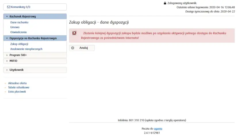 Interfejs bankowości internetowej mBank z menu po lewej i komunikatem o braku dostępu do zakupu obligacji.