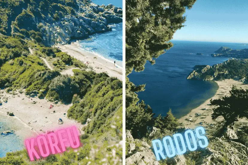 Dwie greckie wyspy: Korfu z piaszczystą plażą i Rodos z zatoką otoczoną wzgórzami.