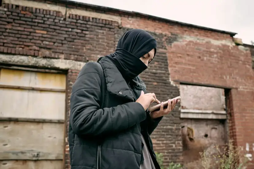 Osoba w czarnej chuście i kurtce trzyma telefon na tle zrujnowanej ceglanej ściany.