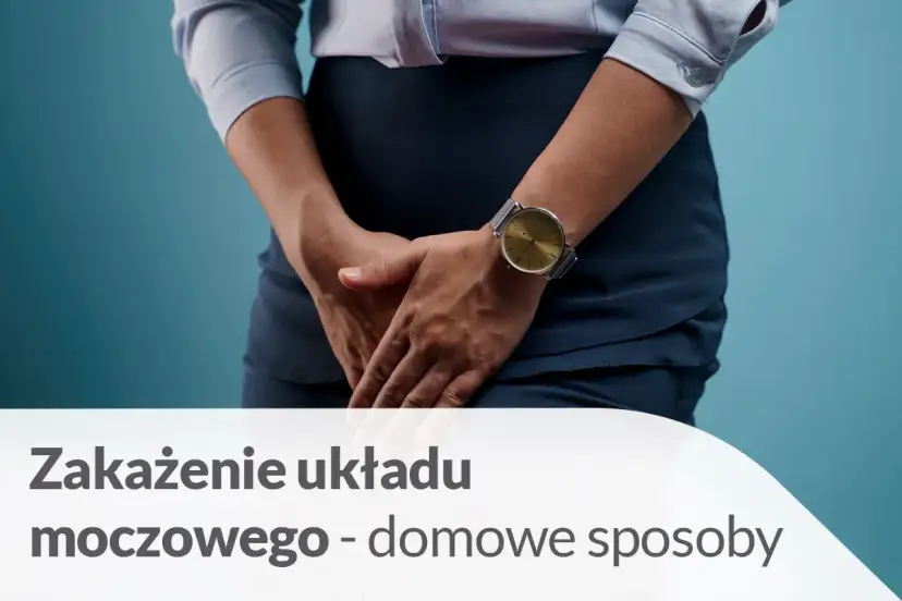 Kobieta z rękami skrzyżowanymi na podbrzuszu, sugerująca dyskomfort. Szuka informacji: co na zapalenie cewki moczowej bez recepty.