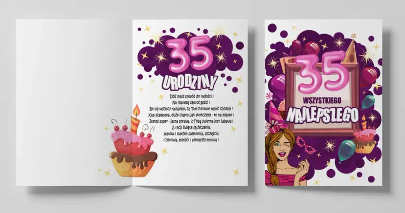 Wesołe życzenia na 35 urodziny z tortem i balonami. Jubilatce życzymy spełnienia marzeń, szczęścia i miłości.