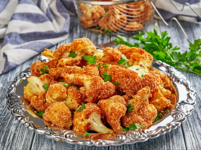 Chrupiący kalafior w panko, podany na ozdobnej tacy, posypany świeżą natką pietruszki. Idealna przekąska!