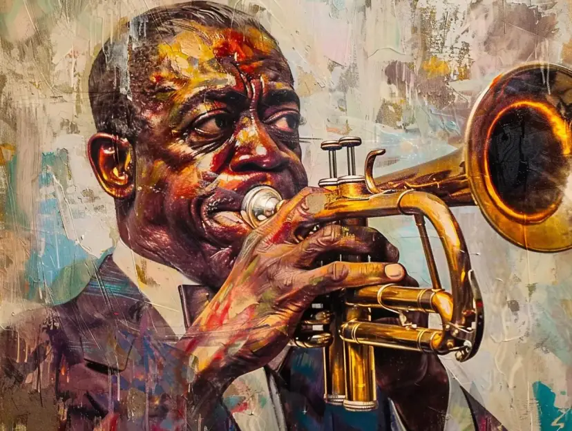 Dynamiczny portret muzyka grającego na trąbce, uchwycony w ekspresyjnym stylu w muzyce jazzowej.