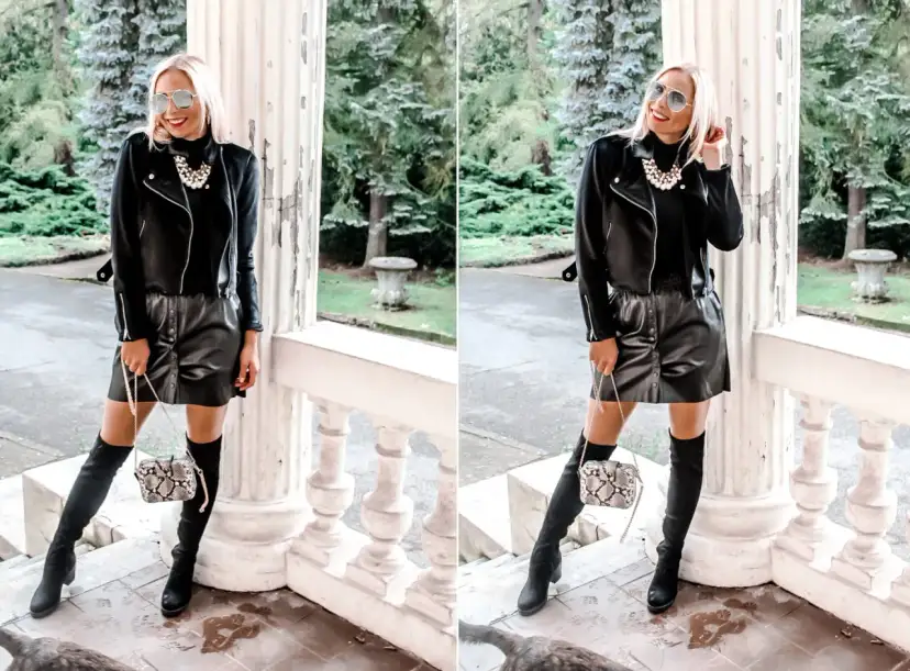 Stylizacja: czarna skórzana spódnica, ramoneska, wysokie kozaki i torebka. Idealna inspiracja, co założyć do czarnej skórzanej spódnicy.