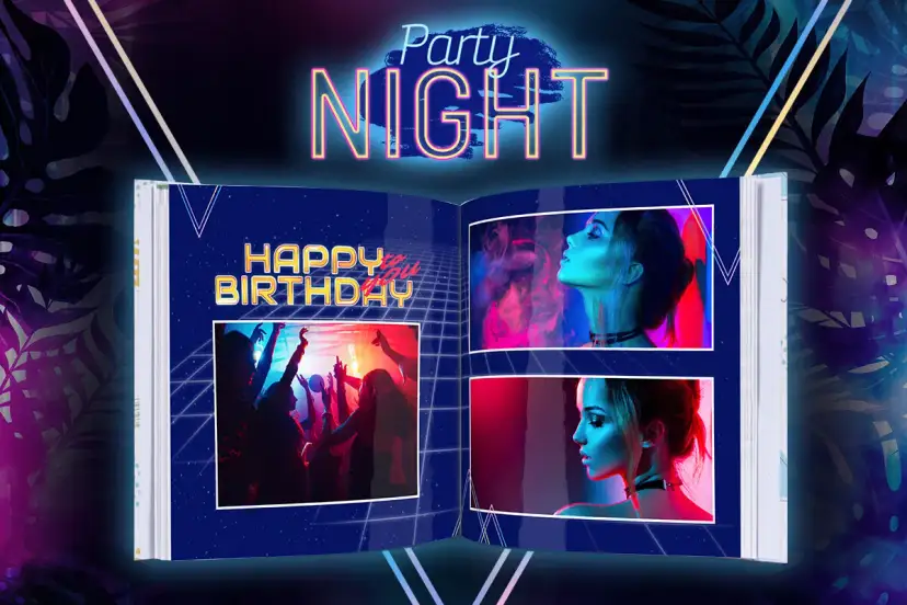 Otwarta księga z neonowym napisem "Party Night", zdjęciami z imprezy i portretami kobiet w stylu lat 80.
