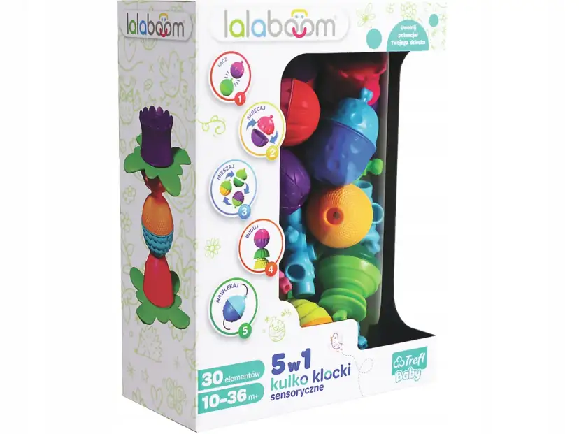 Kolorowe klocki sensoryczne Lalaboom w pudełku, z ilustracjami działań.
