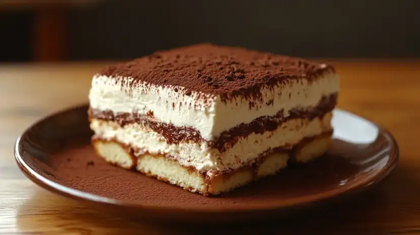 Pyszne tiramisu, warstwowe ciasto z kremem i biszkoptami, posypane kakao. Idealne na deser.