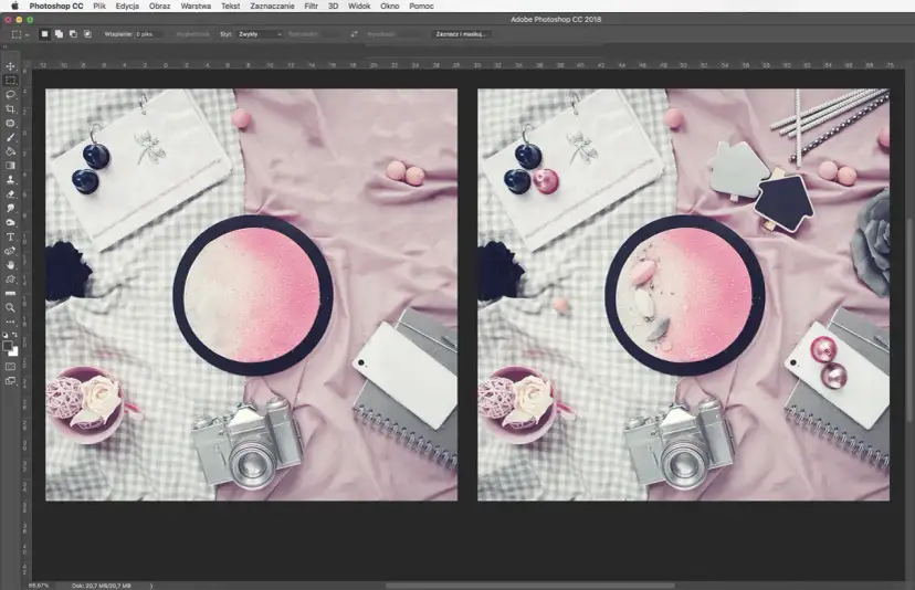 Dwa zdjęcia w Photoshopie: jedno z elementami, drugie bez.