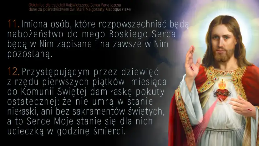 Obietnice dla czcicieli Najświętszego Serca Pana Jezusa. Wizerunek Jezusa z otwartym Sercem, obok tekst obietnic, m.in. o łasce pokuty ostatecznej.