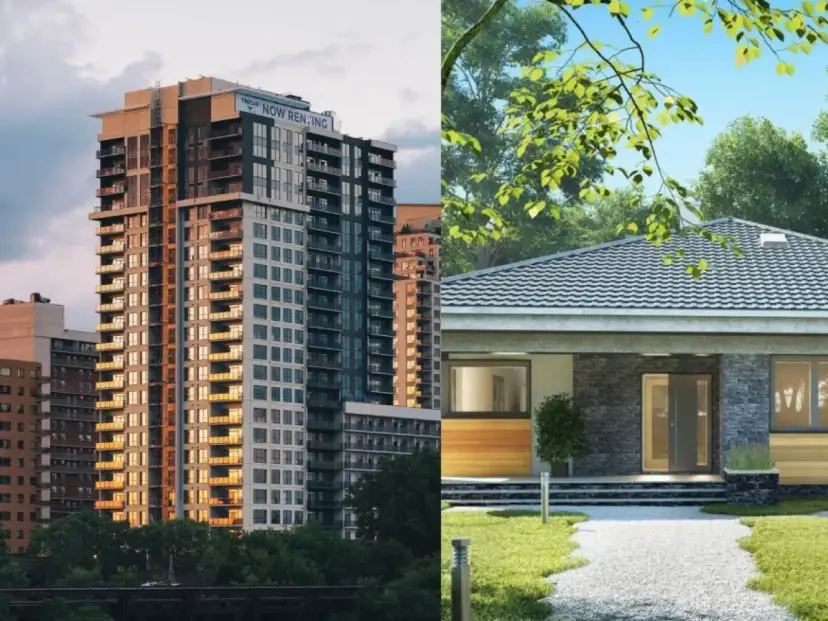 Mieszkanie na start czy budowa domu? Wysoki blok mieszkalny kontra przytulny dom jednorodzinny.