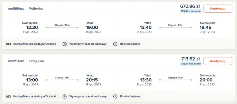 Rezerwacja promu Świnoujście Ystad. Dostępne połączenia Polferries i Unity Line z różnymi godzinami wypłynięcia i przybycia.