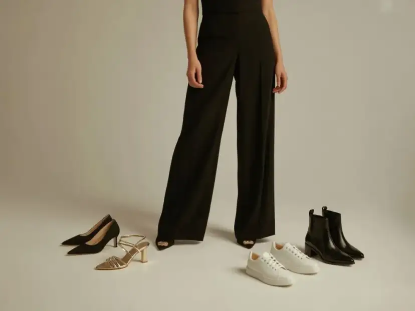 Jakie buty do kombinezonu z szerokimi nogawkami, by wyglądać szczuplej?