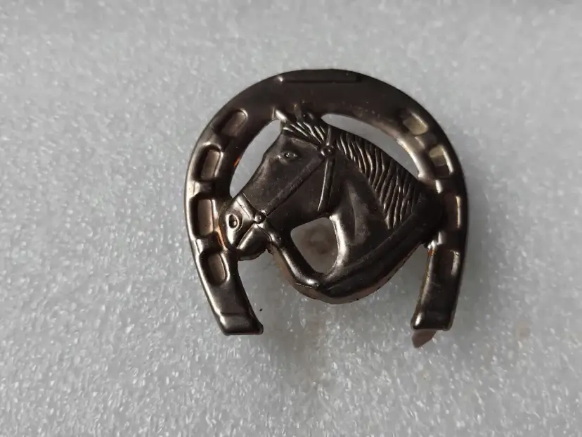 Metalowa odznaka z podkową i głową konia.