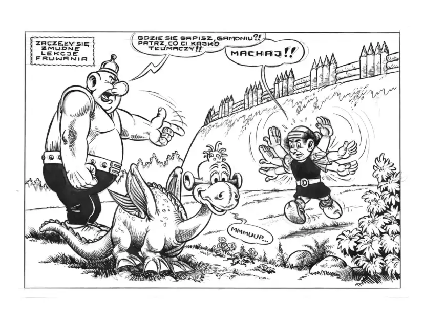 Kajko i Kokosz: Gigant woła, by machać, bo smoczek uczy się latać. Jak narysować komiks?