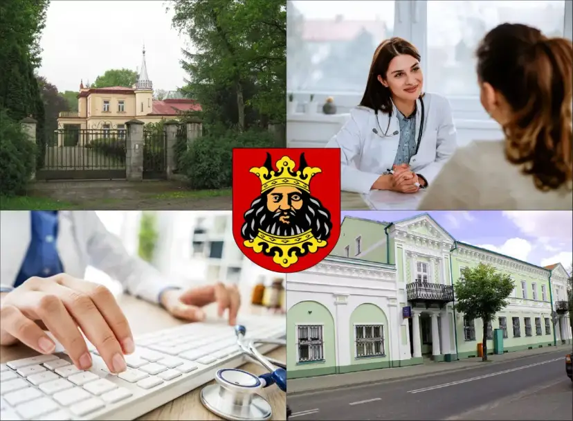 Lekarz medycyny pracy Lipno: konsultacja lekarska, wpisywanie danych na klawiaturze, budynek przychodni i herb miasta.