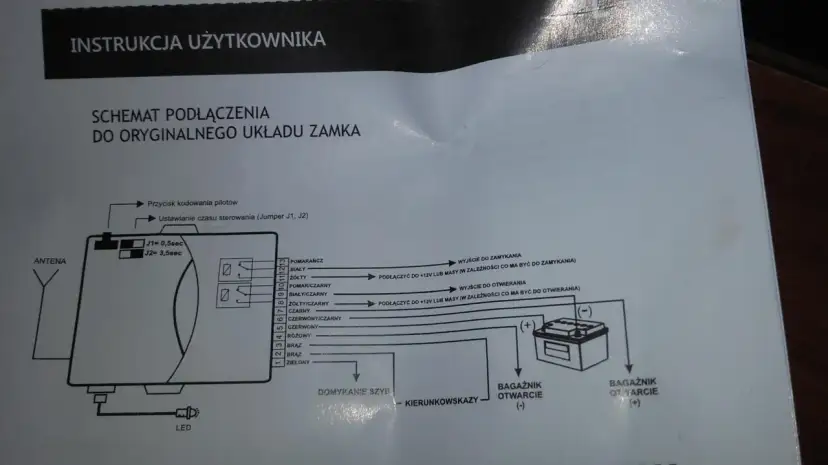 Schemat podłączenia centralnego zamka z pilotem, pokazujący moduł, przewody i akumulator.