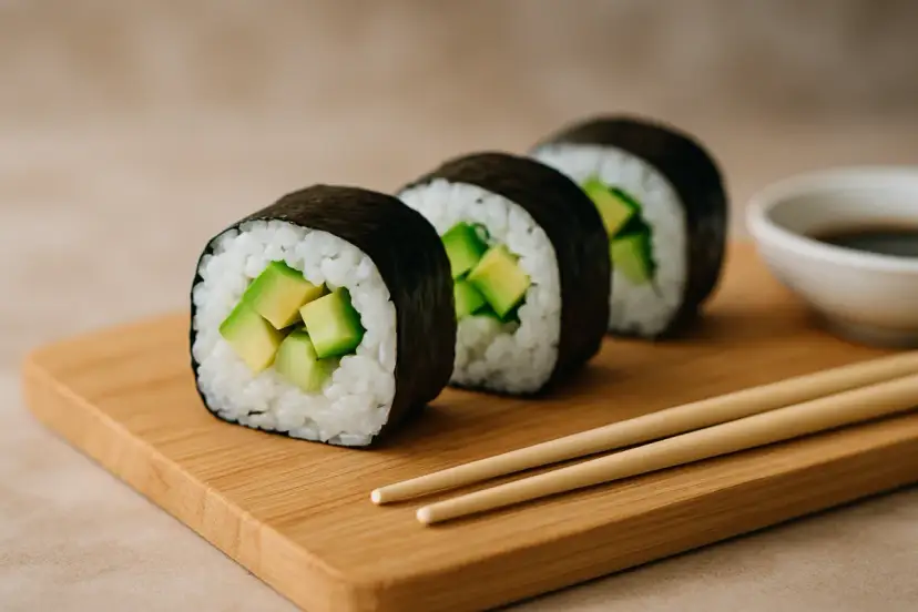 Linia świeżego sushi z awokado na drewnianej desce, obok sosu sojowego i pałeczek.