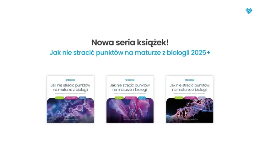Trzy okładki książek z serii "Jak nie stracić punktów na maturze z biologii" z grafikami komórek, kwiatu i DNA.