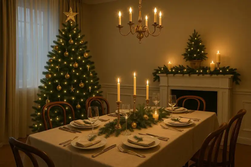Stół wigilijny, choinka, świece i kominek tworzą ciepłą atmosferę. W tle widać holenderskie życzenia świąteczne.