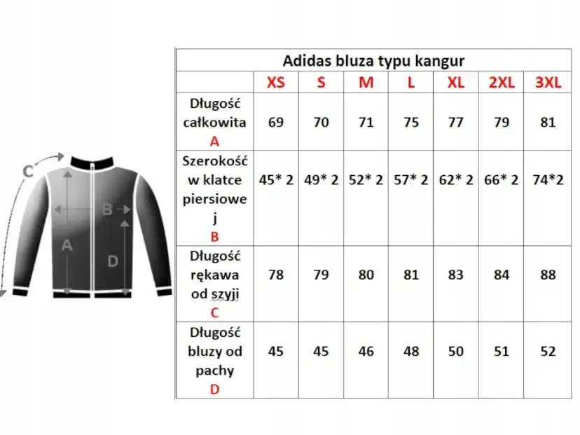 Tabela rozmiarów bluz Adidas z zaznaczonymi wymiarami A, B, C, D.
