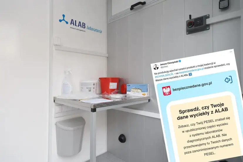 Jak sprawdzić wyniki laboratorium ALAB? Na ekranie telefonu widoczny jest tweet o wycieku danych z ALAB i link do bezpiecznedane.gov.pl.