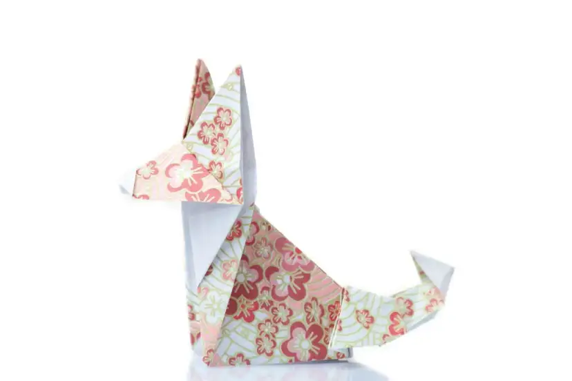 Origami z papieru w kwiaty, przedstawiające siedzącego kota. Zobacz, jak zrobić koci ogon, składając papier krok po kroku.