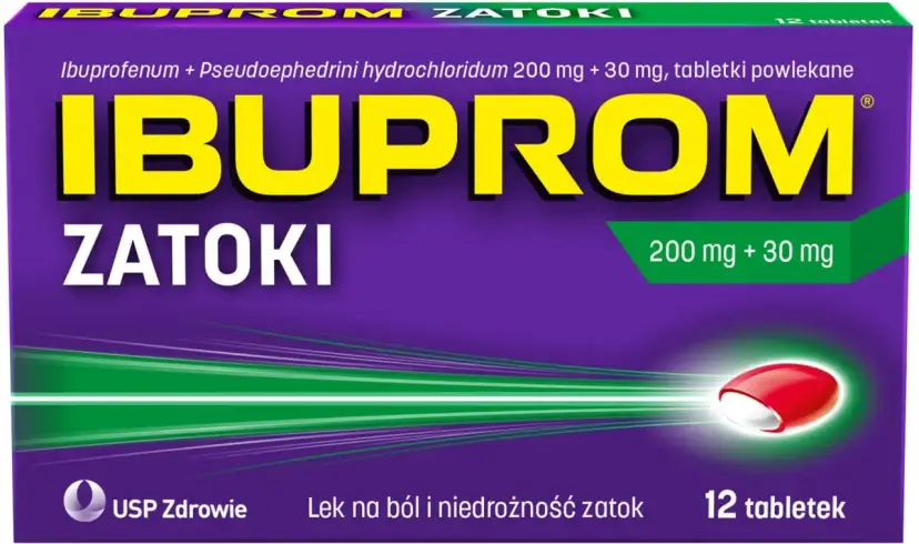 Opakowanie leku Ibuprom Zatoki, który jest dobrym lekiem na zatoki, zawiera 12 tabletek powlekanych.