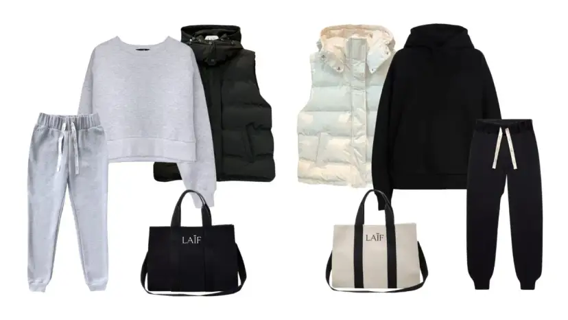 Szare i czarne dresy z logo znanej influencerki, kamizelki i torby. Czy dresy z logo znanej influencerki mechacą się po pierwszym praniu?