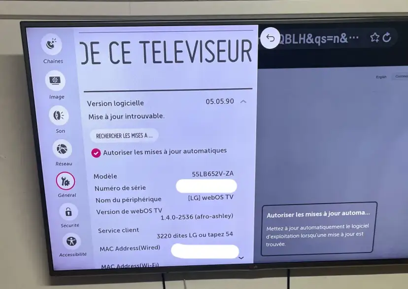 Ekran telewizora LG z menu ustawień, widoczne opcje: Sieć, Ogólne, Bezpieczeństwo.