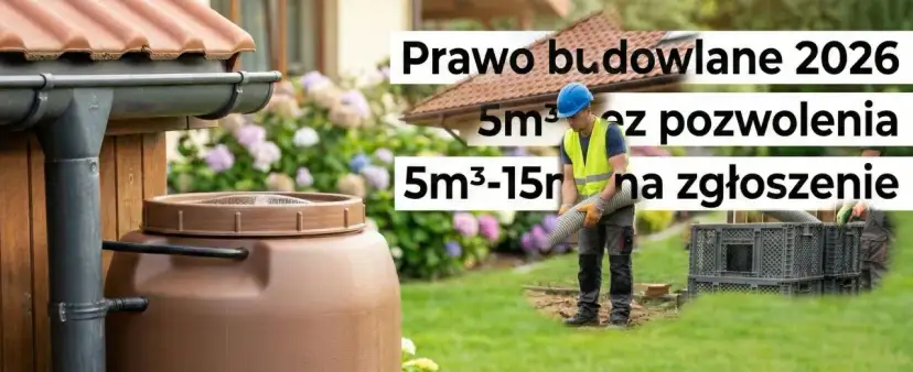 Prawo budowlane 2026: czy budowa szamba wymaga pozwolenia? Do 5m³ bez pozwolenia, od 5m³ do 15m³ na zgłoszenie.