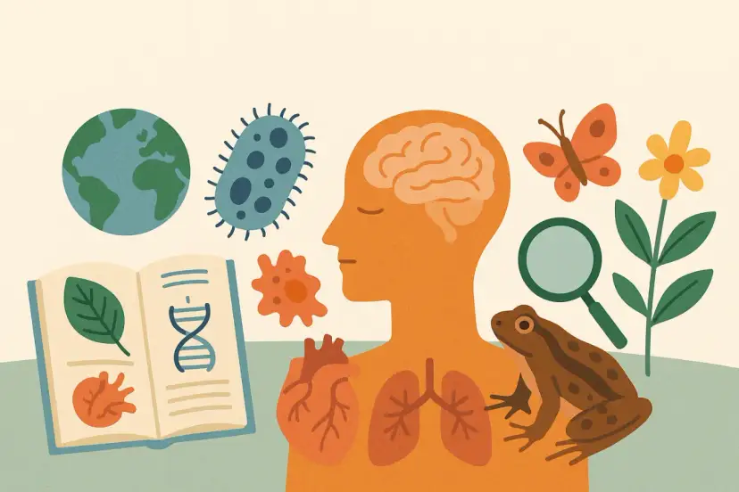 Ilustracja przedstawia elementy biologii: Ziemię, bakterie, ludzki mózg, serce, płuca, żabę, motyla, kwiat, lupę i otwartą książkę z liściem i DNA. Czy biologia to przedmiot ścisły?