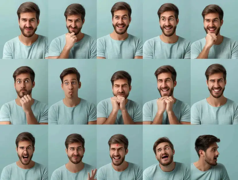 Kolaż zdjęć mężczyzny prezentującego różne emocje. Jego mowa twarzy pokazuje radość, zdziwienie, smutek i złość.