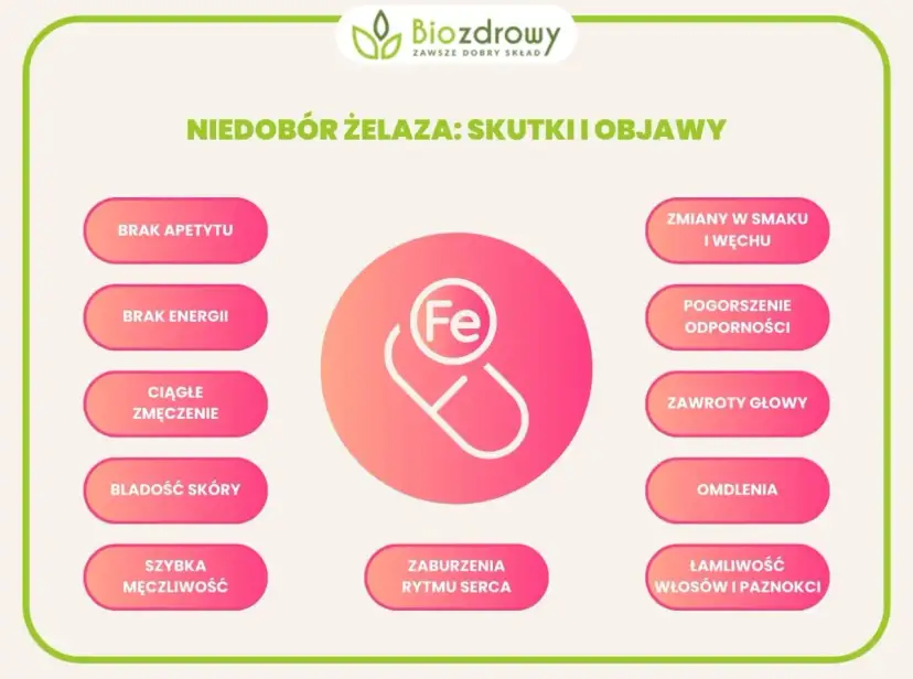 Nietypowe objawy niedoboru żelaza: brak apetytu, energii, bladość skóry, łamliwość włosów i paznokci, zmiany smaku, zawroty głowy.
