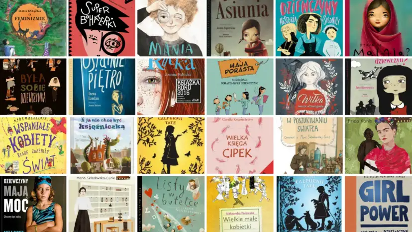 Siatka okładek książek dla dziewcząt, w tym "Mała książka o feminizmie", "Superbohaterki", "Mania", "Dziewczyny w spódnicy".