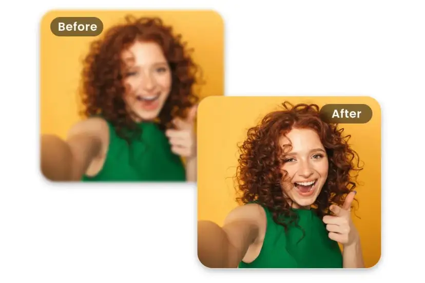 Przed i po: rozmyte zdjęcie dziewczyny z rudymi lokami staje się ostre dzięki zwiększaniu rozdzielczości zdjęć.