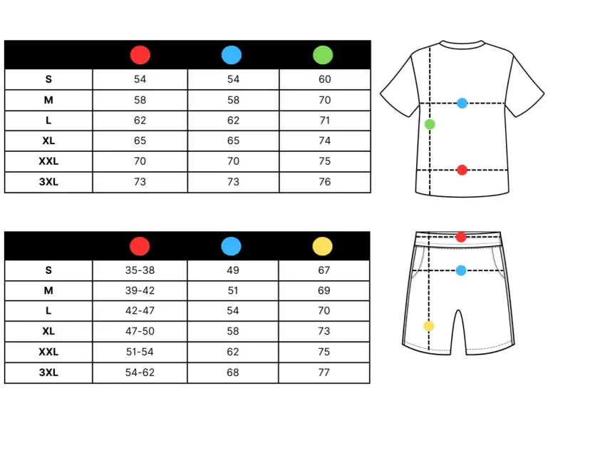 Tabela rozmiarów odzieży damskiej (koszulki i spodenki) z zaznaczonymi wymiarami.